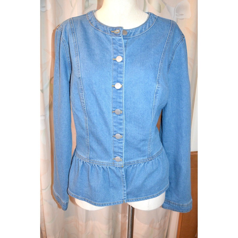 Womens‎ Size Large Blue Jean Denim Button Up Shirt Ruffle Hem Long Sleeve